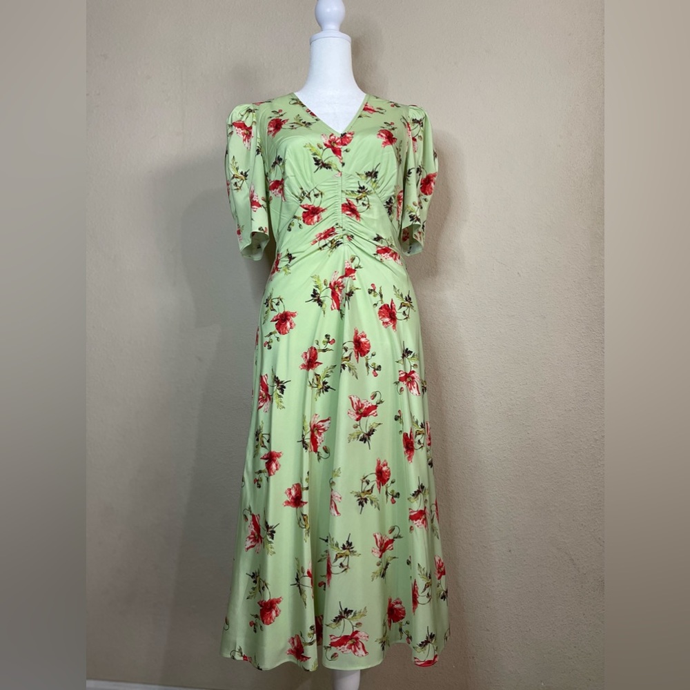 LK BENNETT Gabbi Green And Pink‎ Giant Poppy Print Stretch Silk Fairy Dress - Picture 2 of 16